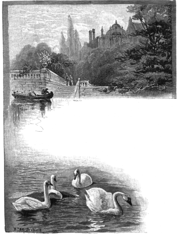 A castle aside a swan-filled lake