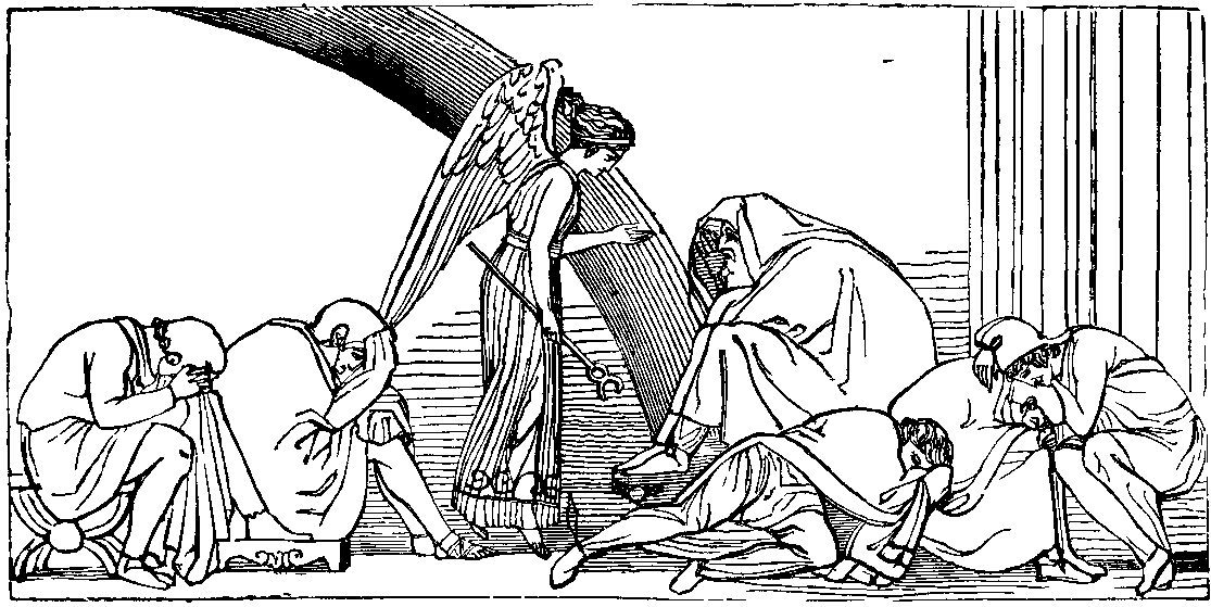 Illustration: IRIS ADVISES PRIAM TO OBTAIN THE BODY OF HECTOR.