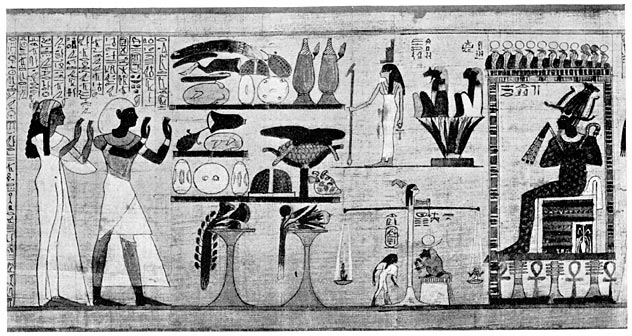 Her-Heru, the first priest-king, and Queen Netchemet standing in the Hall of Osiris and praying to the god whilst the heart of the Queen is being weighed in the Balance.