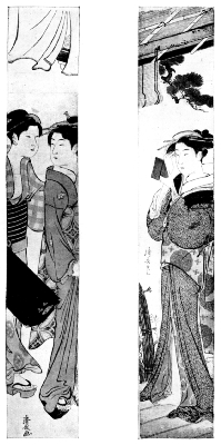 KIYONAGA: GEISHA WITH SERVANT CARRYING LUTE-BOX.
KIYONAGA: WOMAN PAINTING HER EYEBROWS.